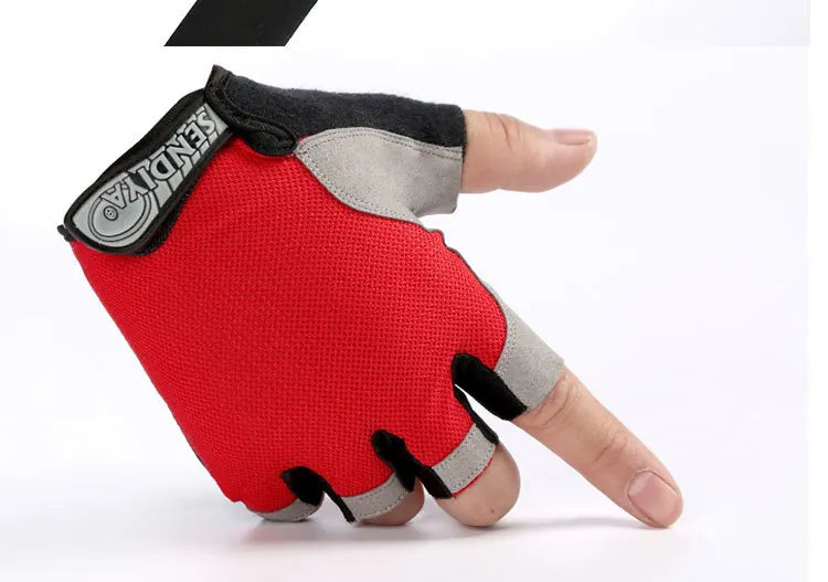 Red, grey, and black fingerless cycling gloves with a Velcro wrist strap featuring the Sendiya logo.