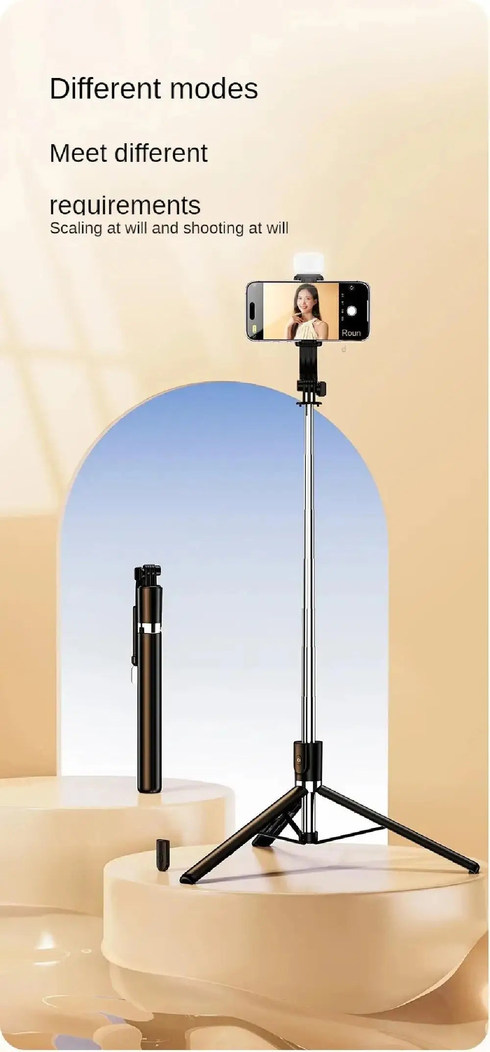 Black extendable phone tripod stand with integrated selfie stick and LED fill light for photography and vlogging.