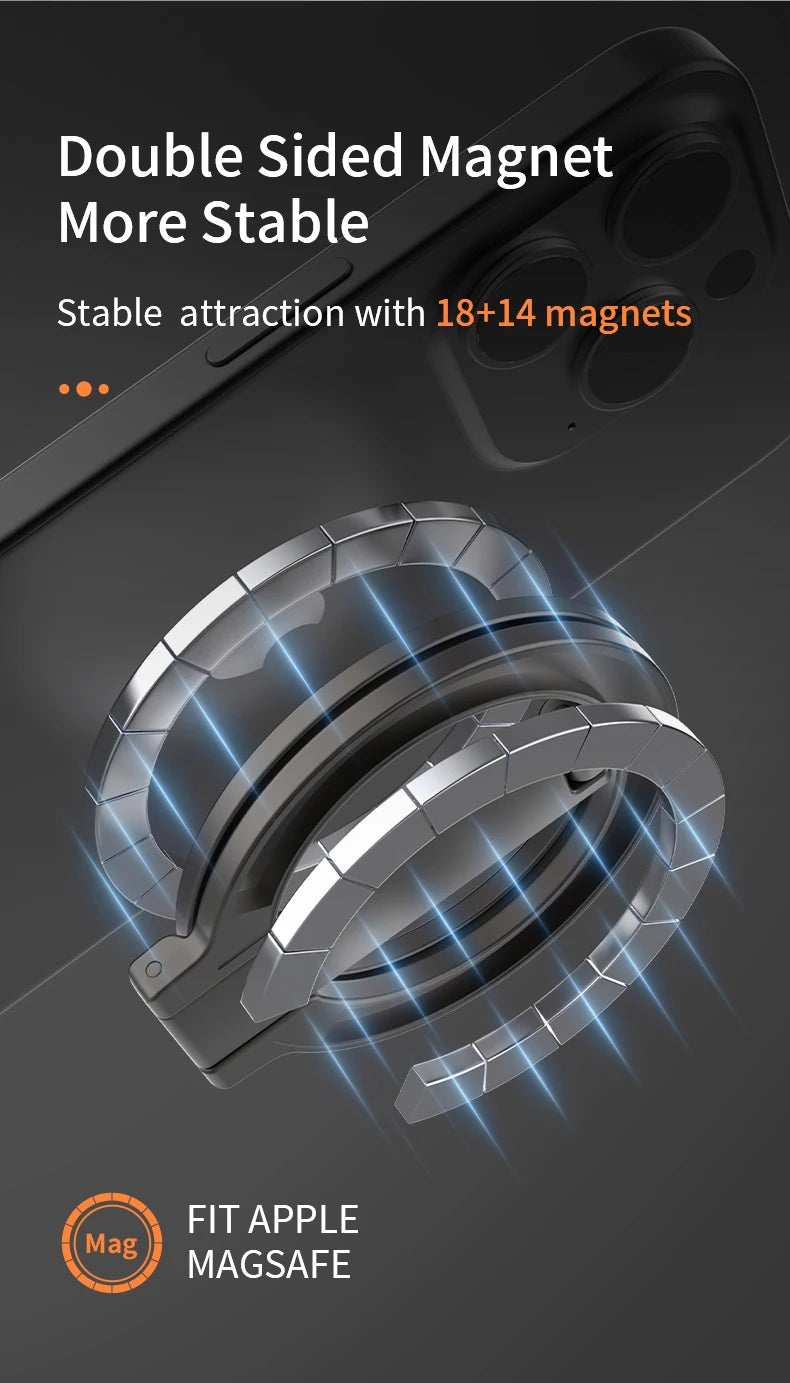 Metallic double-sided magnetic ring accessory for smartphones, featuring 32 magnets for stable attachment.