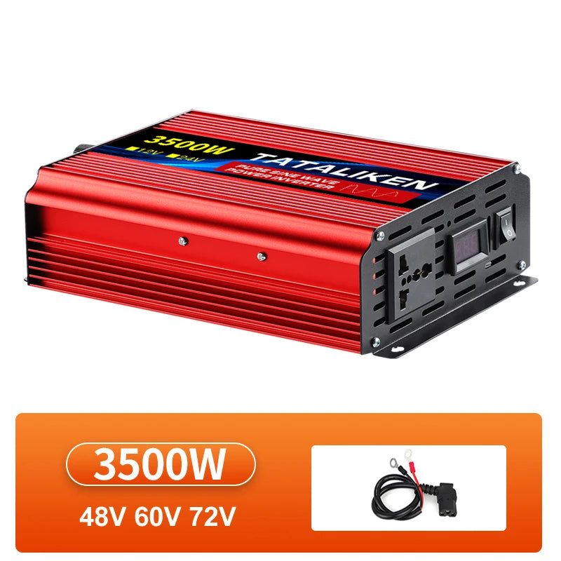 Red 3500W pure sine wave power inverter with a black panel, AC socket, digital display, and battery connector cables.