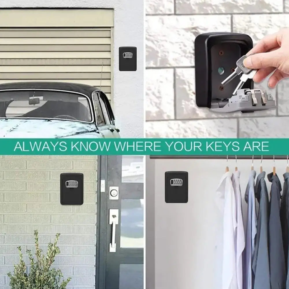 Black metal wall-mounted key lock box with a push-button combination code, shown installed on various exterior walls.