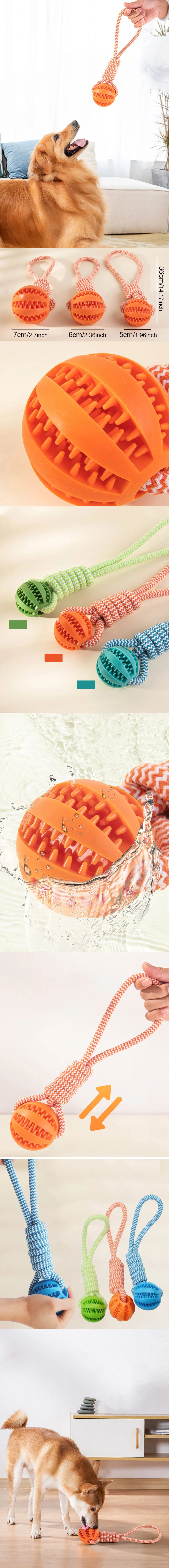 Orange, green, and blue dog chew toys featuring a textured rubber treat ball on a durable rope handle.