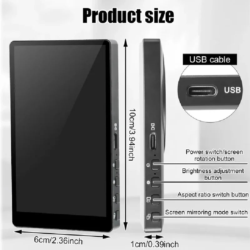 Black portable mini screen showing side buttons for power, brightness, aspect ratio, and mirroring, plus USB port.