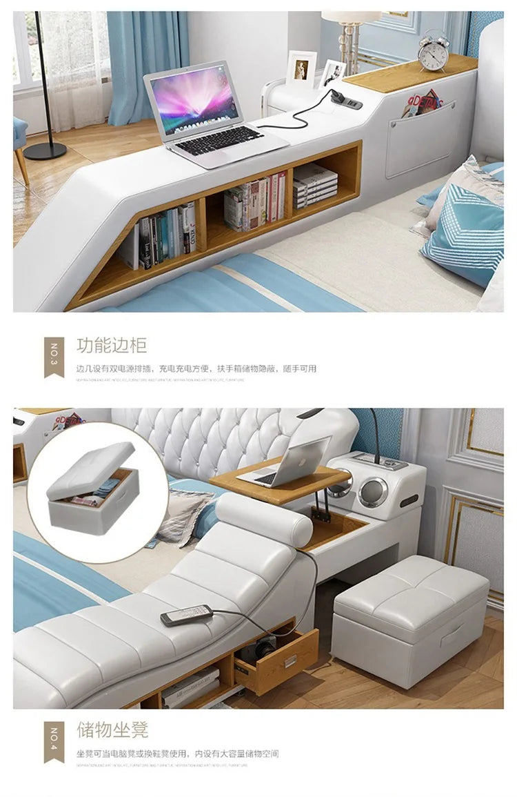 Modern white faux-leather double bed with integrated wooden storage shelves, bedside drawers, and pop-up laptop desk.