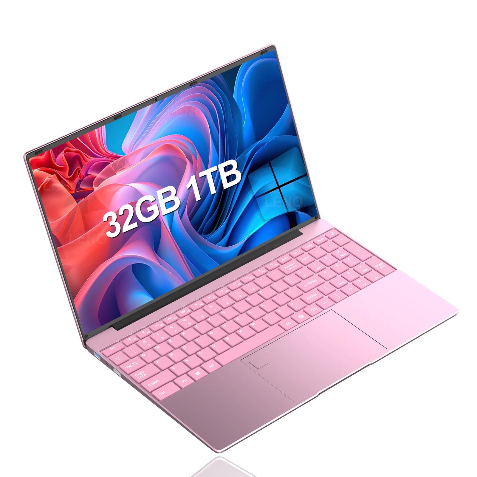 A sleek, pink 15.6-inch laptop with a vibrant abstract screen background and a full-size matching pink keyboard.