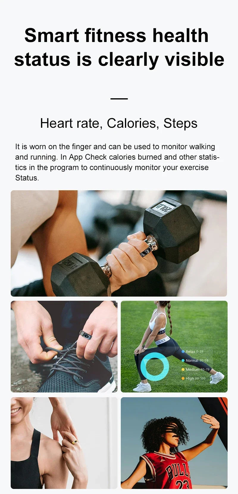A sleek black smart fitness ring worn on the finger, designed for tracking heart rate, calories, and steps during exercise.