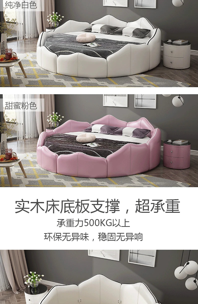 Luxury round bed frame in white or pink, featuring a scalloped, upholstered design with a sturdy solid wood base.