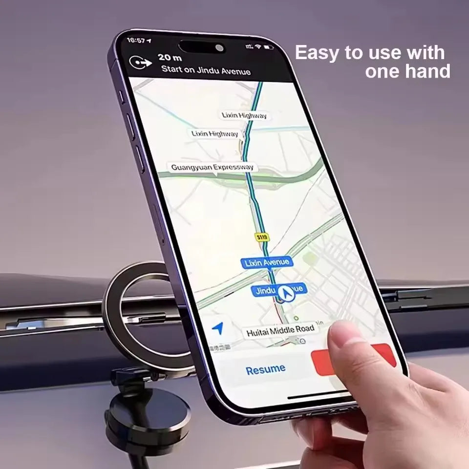 Dark purple smartphone mounted on a sleek black magnetic car holder, displaying navigation maps for easy use.
