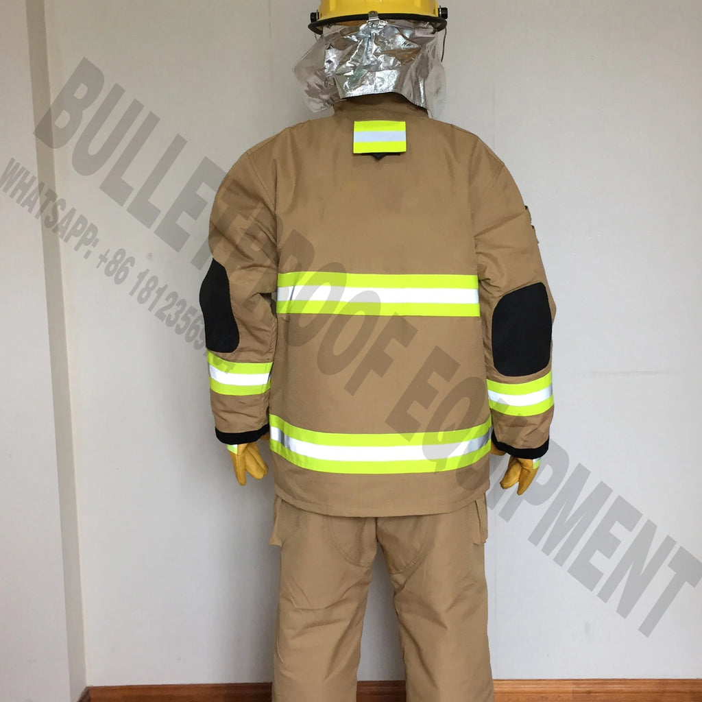 Tan fire-resistant turnout gear with reflective tape, elbow patches, helmet, and gloves, viewed from the back.
