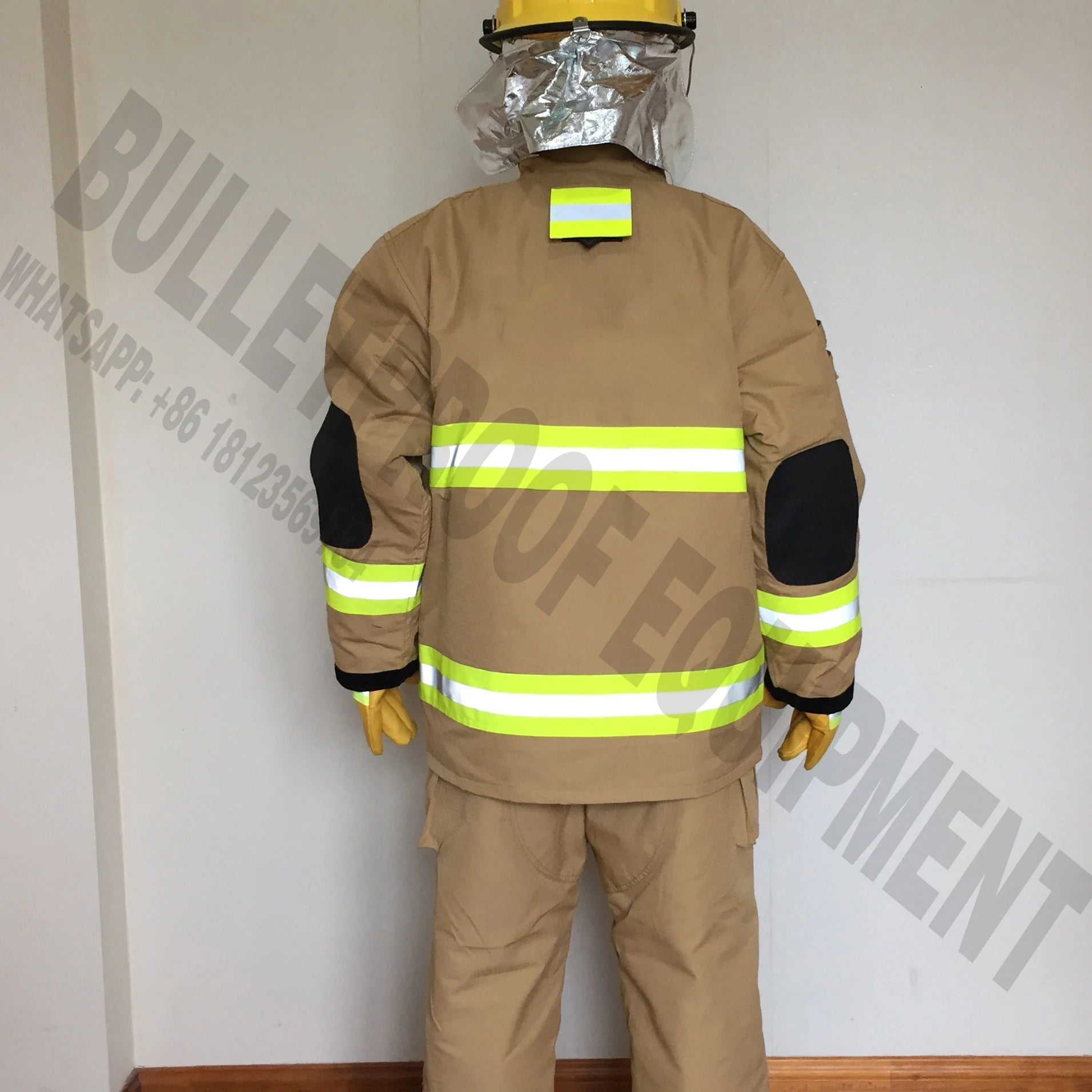 Tan fire-resistant turnout gear with reflective tape, elbow patches, helmet, and gloves, viewed from the back.