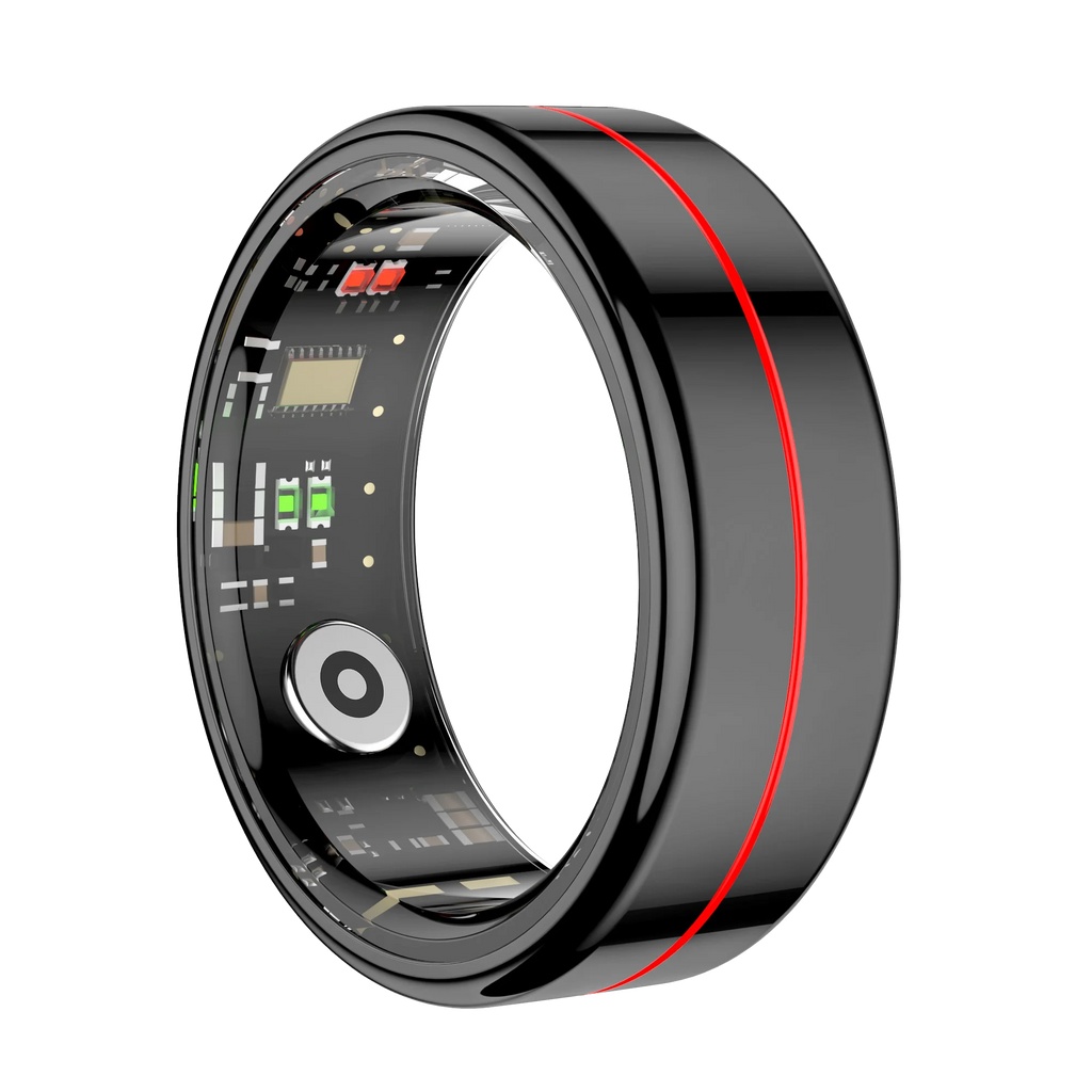 Sleek black smart fitness ring with a red centre stripe and visible interior sensors and circuitry.