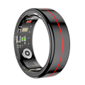 Sleek black smart fitness ring with a red centre stripe and visible interior sensors and circuitry.