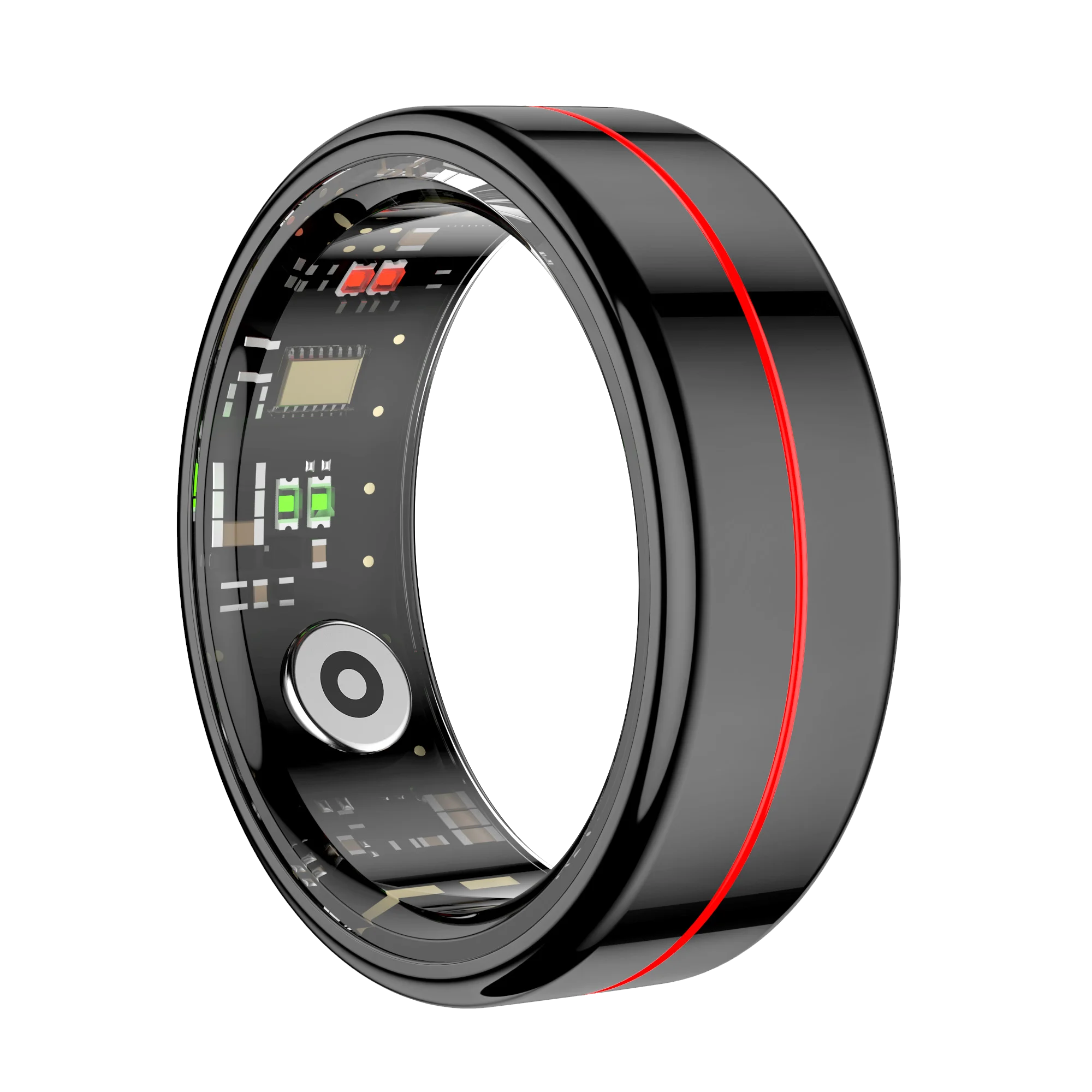 Sleek black smart fitness ring with a red centre stripe and visible interior sensors and circuitry.