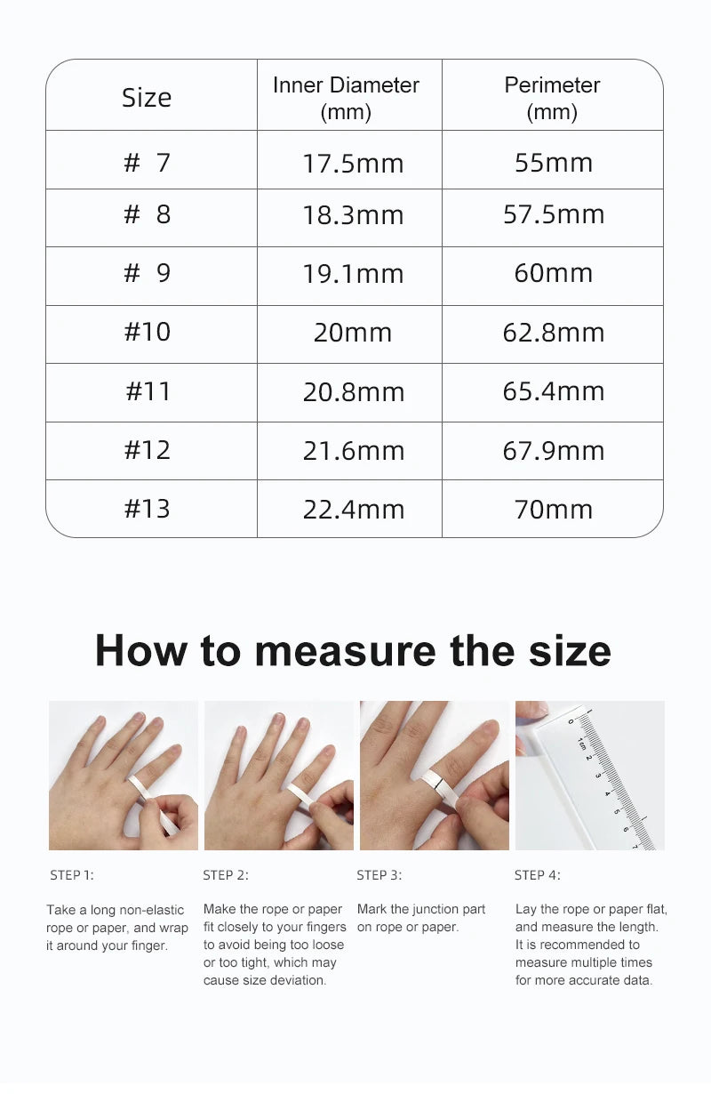 Smart fitness ring sizing chart showing a table of dimensions and four step-by-step instructions on measuring finger size.
