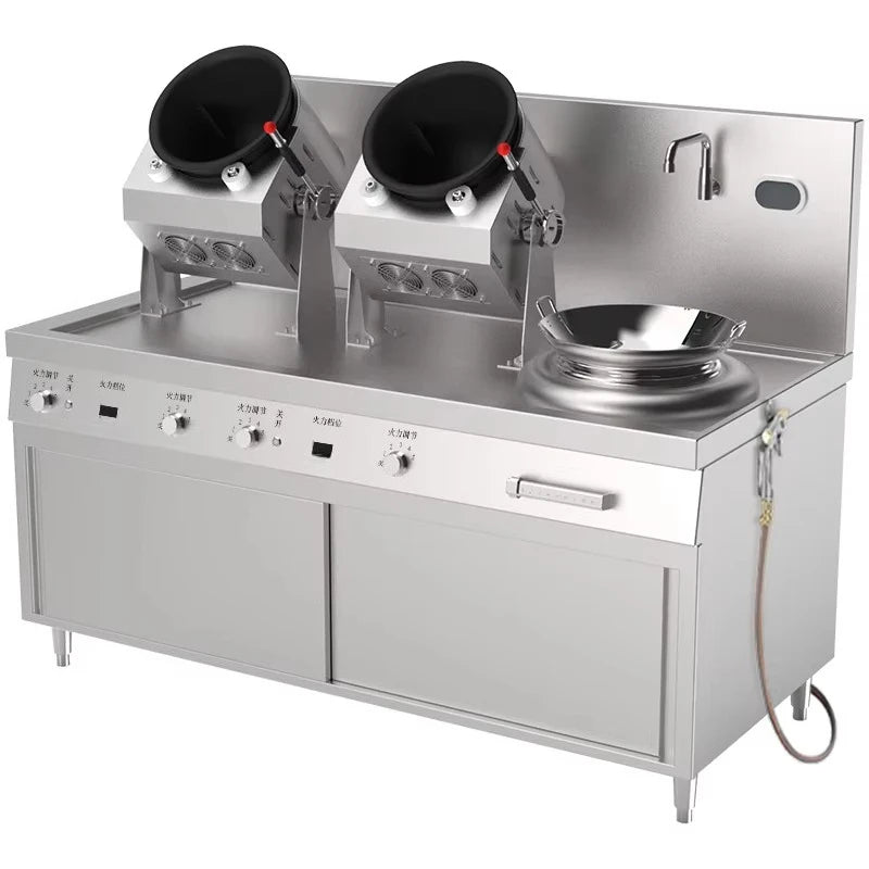Stainless steel commercial kitchen cooking station with two tilting woks and one standard wok burner.