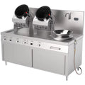 Stainless steel commercial kitchen cooking station with two tilting woks and one standard wok burner.