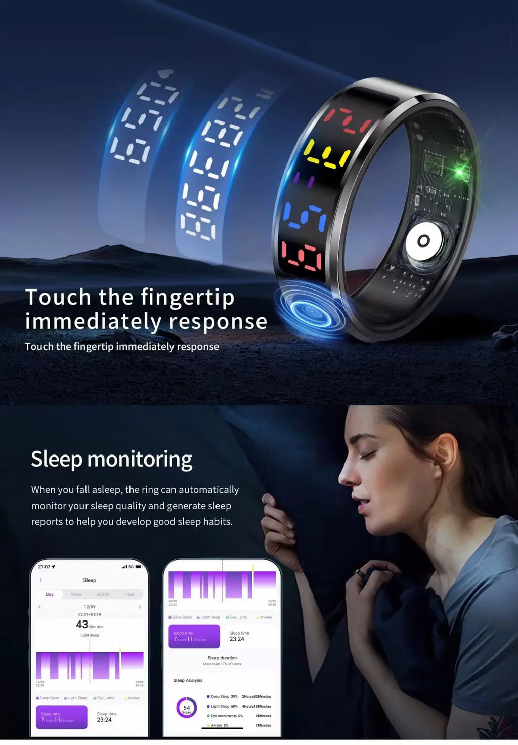 Sleek black smart ring with a vibrant multi-coloured touch display and interior health tracking sensors.