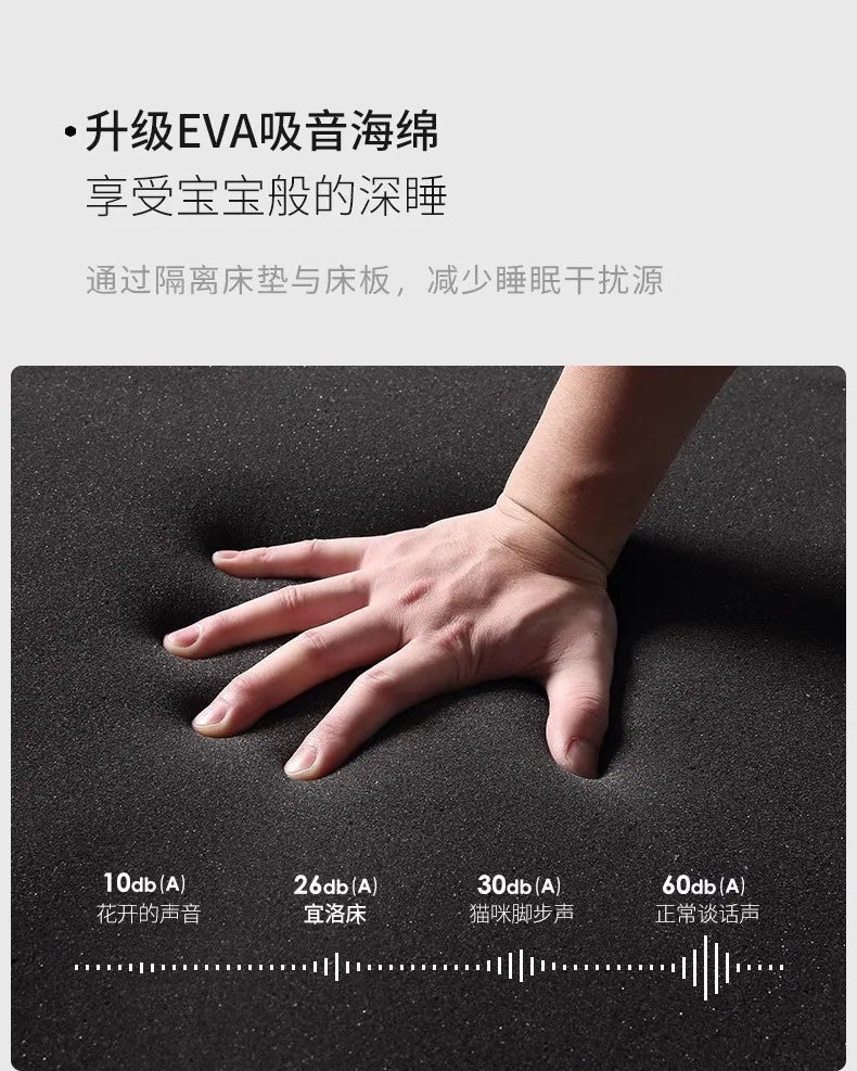 Close-up of a hand pressing into soft, noise-reducing black EVA foam padding for a quiet, comfortable bed base.