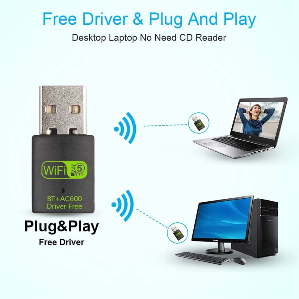 Small black 2-in-1 WiFi and Bluetooth USB adapter, plug-and-play compatible with laptops and desktop PCs.