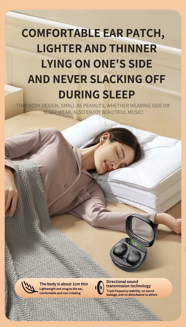 Small black wireless earbuds with a digital battery display case, designed for comfortable use while sleeping.
