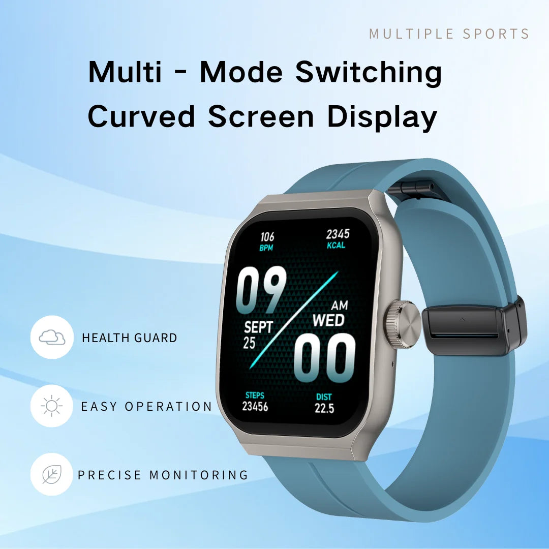 Smart watch with a silver casing, blue strap, and 2.01-inch curved screen showing activity tracking metrics.