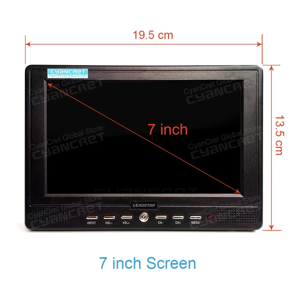 Black Leadstar 7-inch portable TV with control buttons below screen and dimensions 19.5 by 13.5 cm.