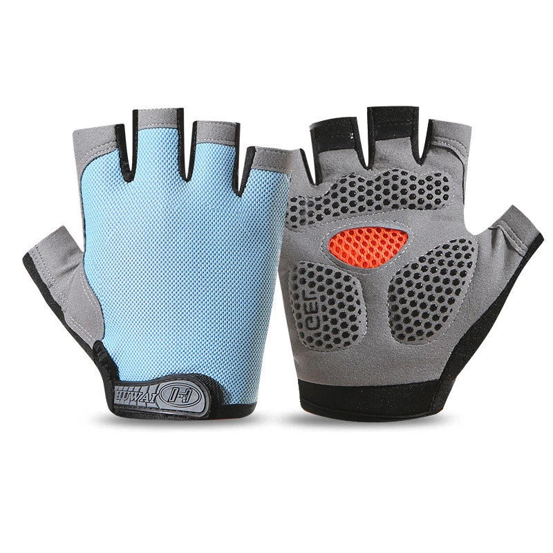 Pair of fingerless cycling gloves in light blue and grey, featuring a padded, anti-slip palm with orange detailing.