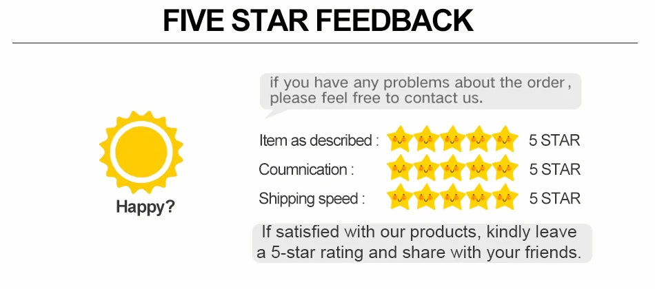 Graphic displaying a five-star feedback request with a yellow sun icon and prompts for customer ratings.