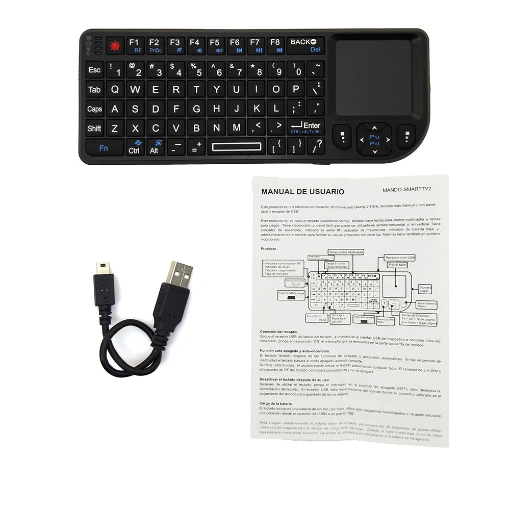 Black plastic wireless mini keyboard with built-in touchpad, USB charging cable, and user manual.