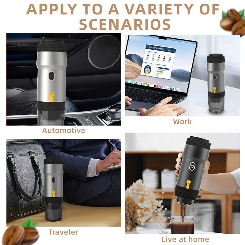 Four images show a portable coffee maker used in a car, at work, while traveling, and at home.