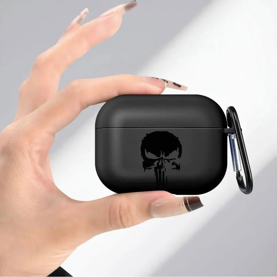 Black matte silicone AirPods Pro case with Punisher skull design and matching carabiner clip.