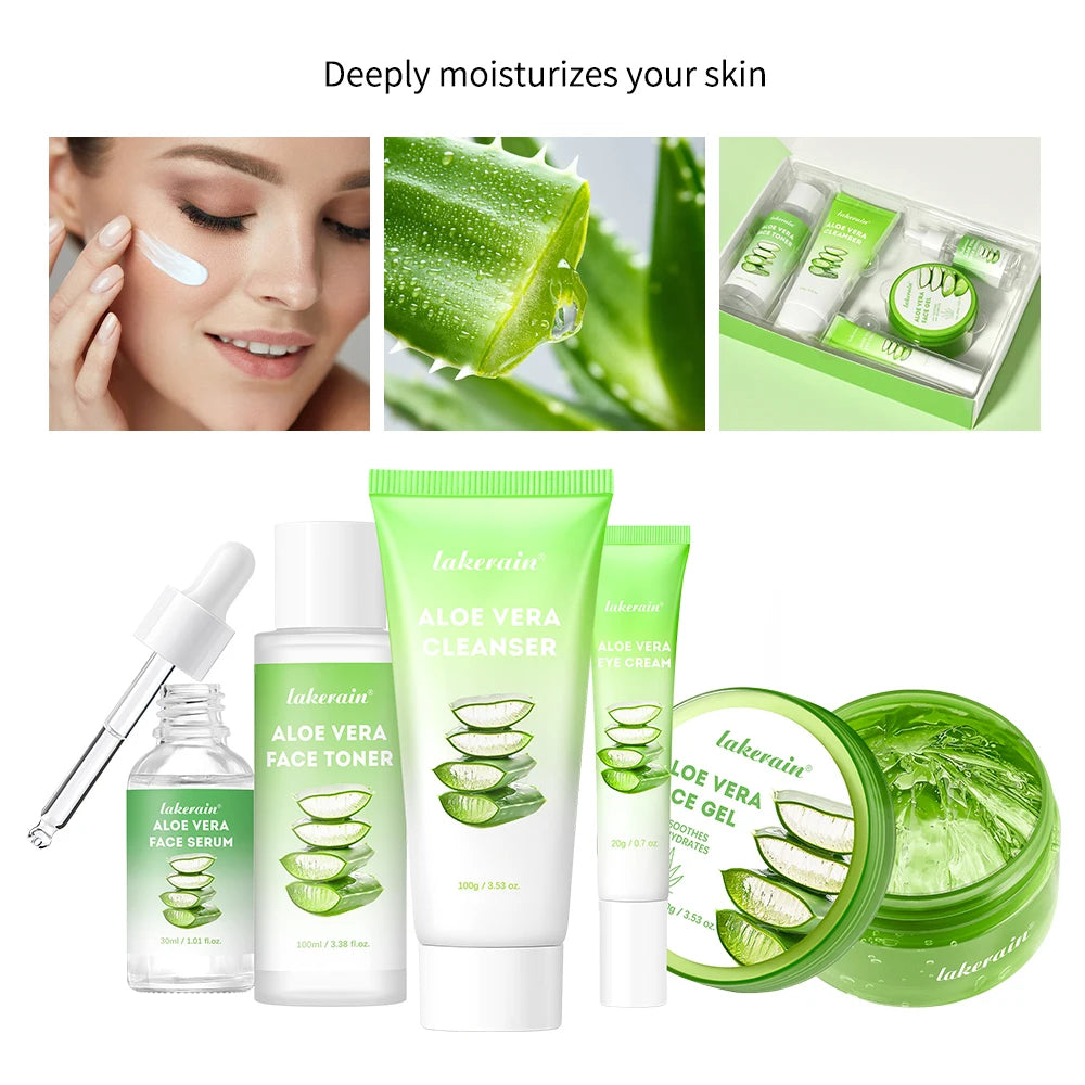 Skincare set featuring aloe vera face cleanser, toner, serum, eye cream, and gel in green and white packaging.