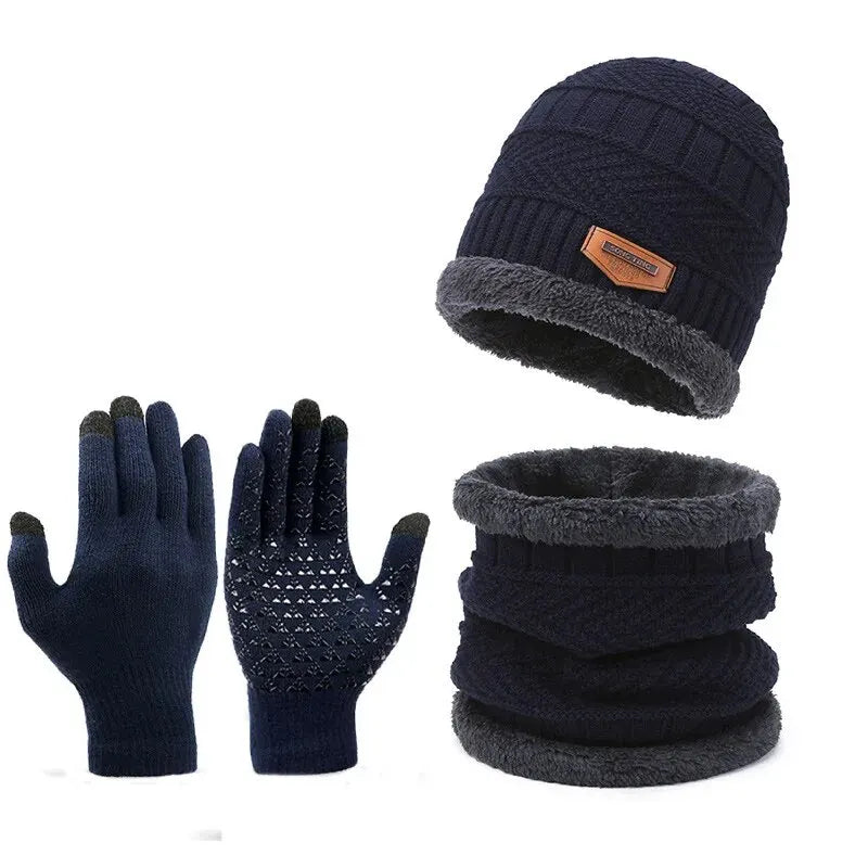 Navy blue 3-piece winter set: thermal fleece-lined knit beanie, matching infinity scarf, and touchscreen-ready gloves.