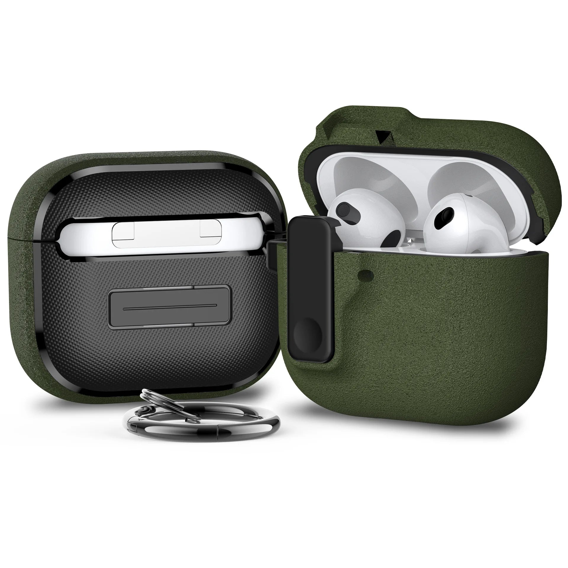 Khaki textured protective case for AirPods 3 with black latch closure and included metal keyring.