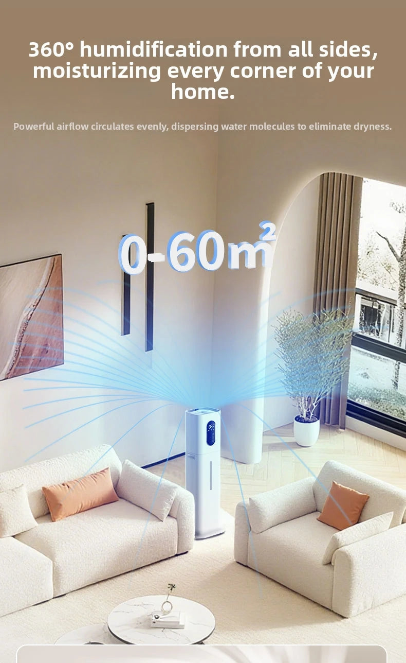 White, slim 8L smart humidifier in a modern living room, showing 360-degree mist distribution for large spaces.