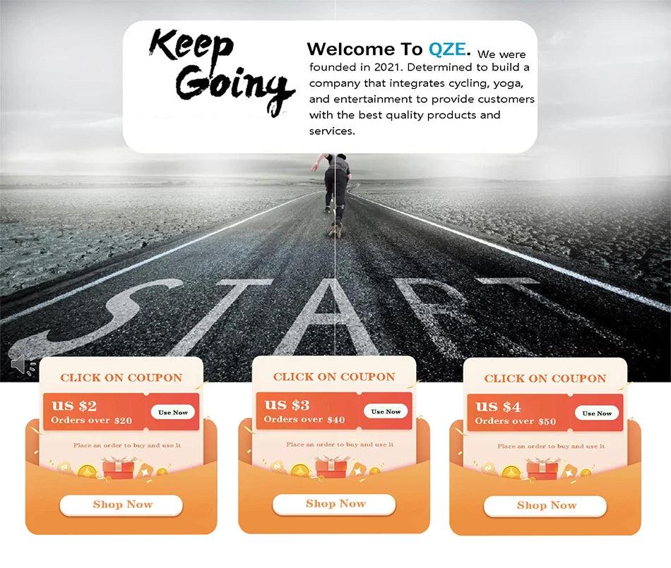 QZE promotional banner featuring a person running on a road with three discount coupons for $2, $3, and $4.