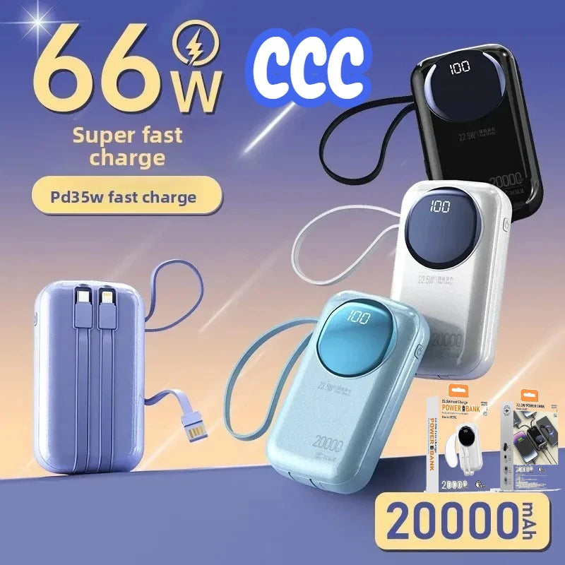 Compact 20000mAh portable power banks in black, white, and blue, featuring built-in cables and digital LED displays.