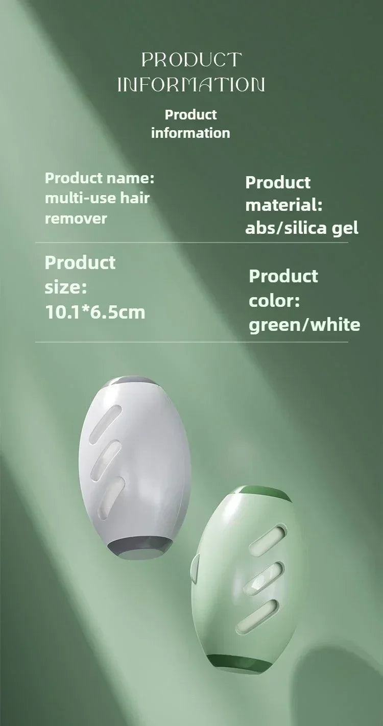 Two oval-shaped multi-use hair removers in white and light green, featuring striped detailing on a sage background.