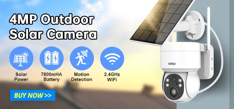 White plastic 4MP solar-powered outdoor security camera with motion detection, 7800mAh battery, and 2.4GHz WiFi.
