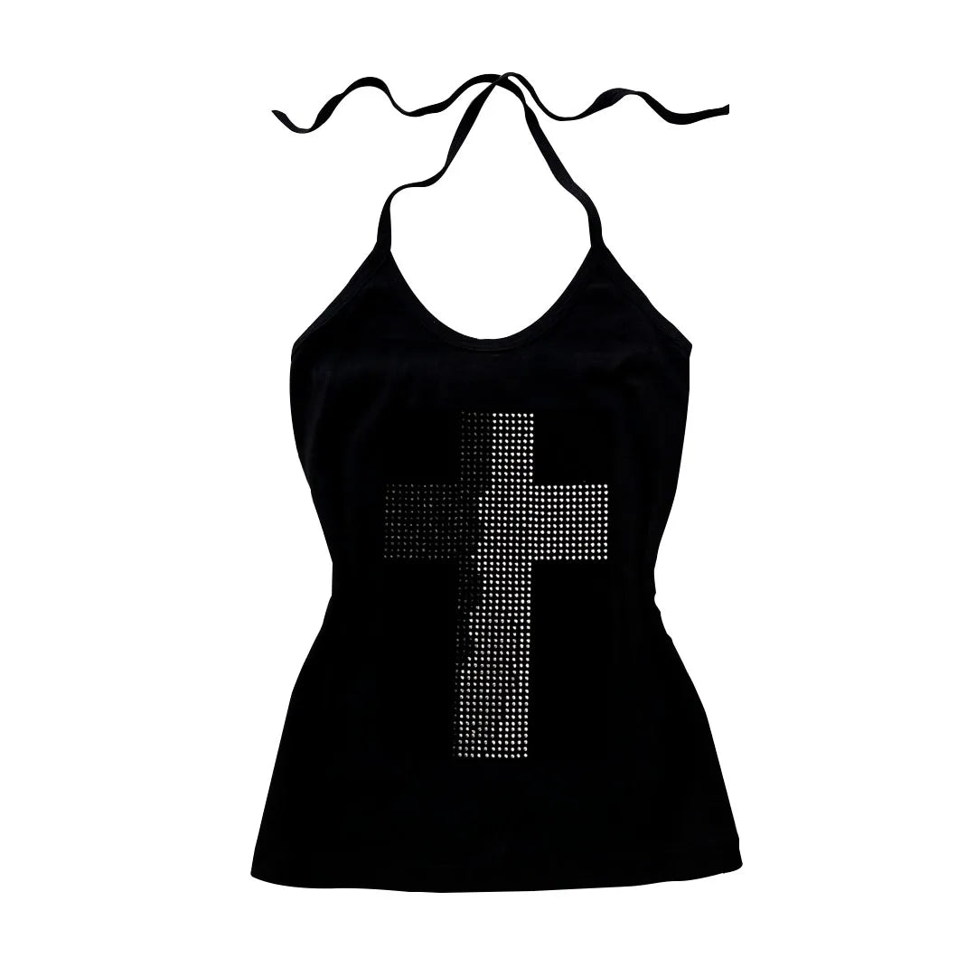 Black halter neck top featuring a large, silver studded cross graphic on the front.