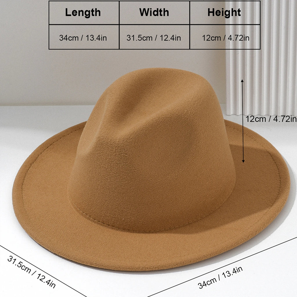 A tan felt fedora hat in a classic vintage style, shown with dimension labels indicating its size.