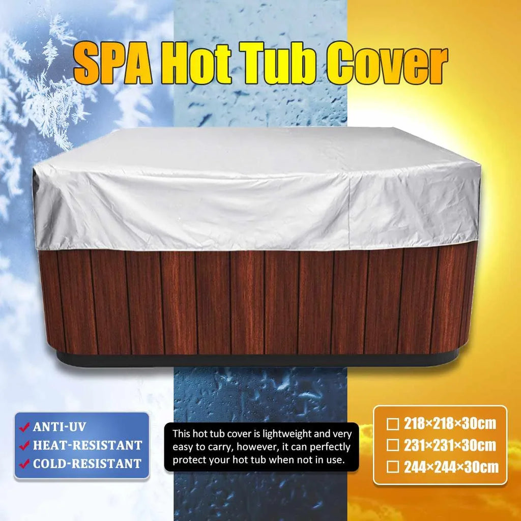 A silver spa hot tub cover on a wooden hot tub against a blue and yellow background.