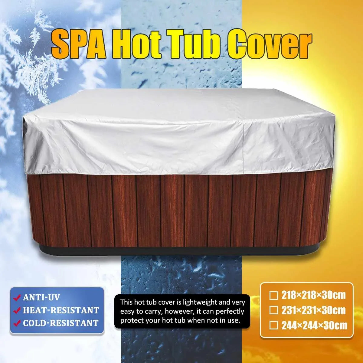 A silver spa hot tub cover on a wooden hot tub against a blue and yellow background.