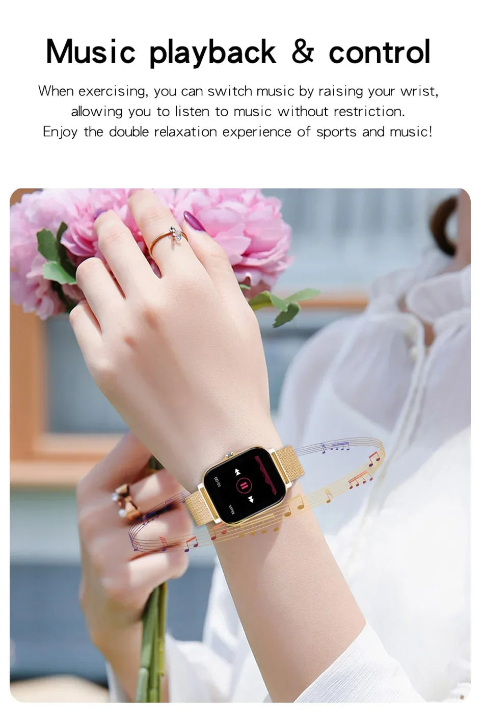 Elegant gold smart watch with 1.44-inch touch screen, mesh strap, and music control interface, worn on a female wrist.