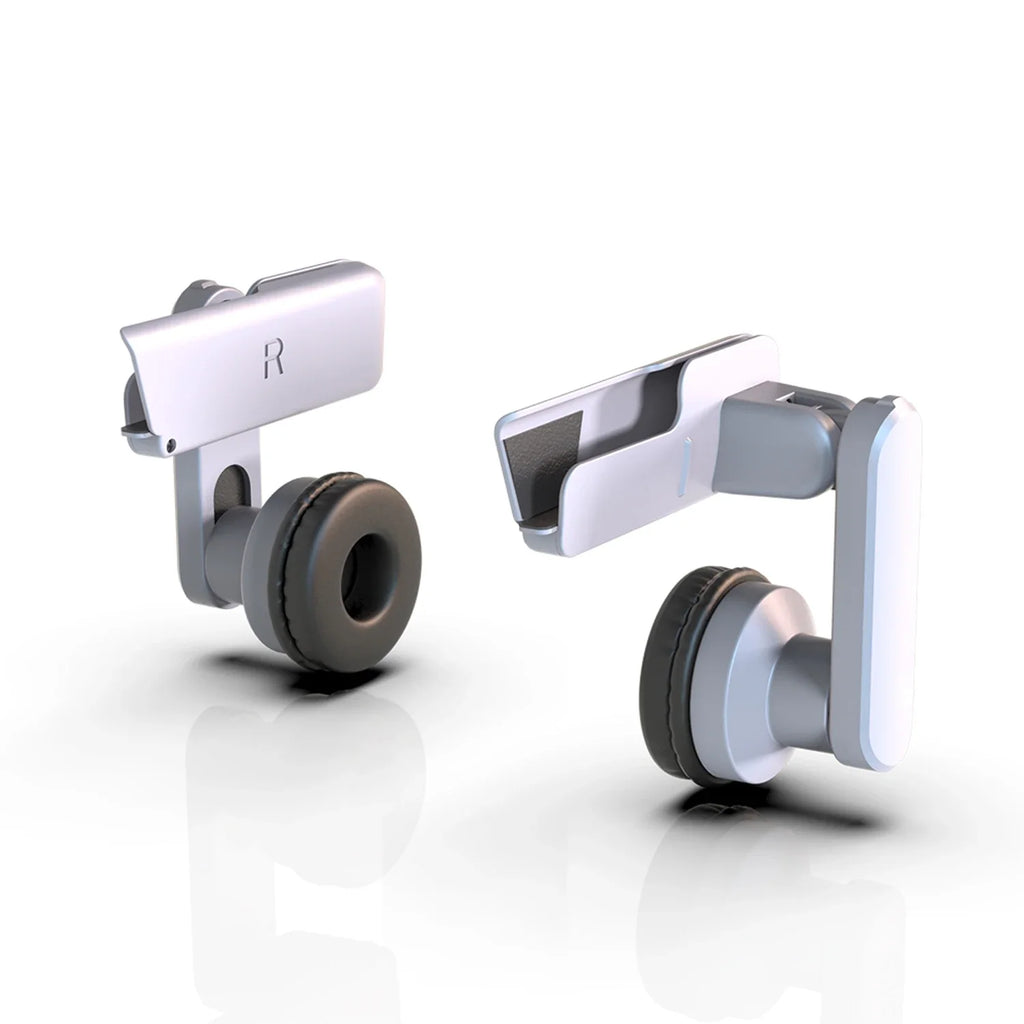 White, swivel-arm ear muffs for VR headsets with black cushioned ear pads, designed for enhanced comfort and sound.