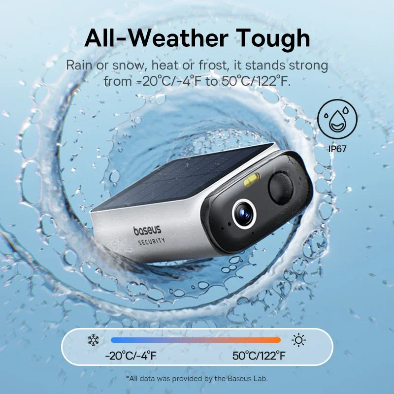 Baseus Security camera with solar panel is surrounded by a swirling splash of water against a blue background.