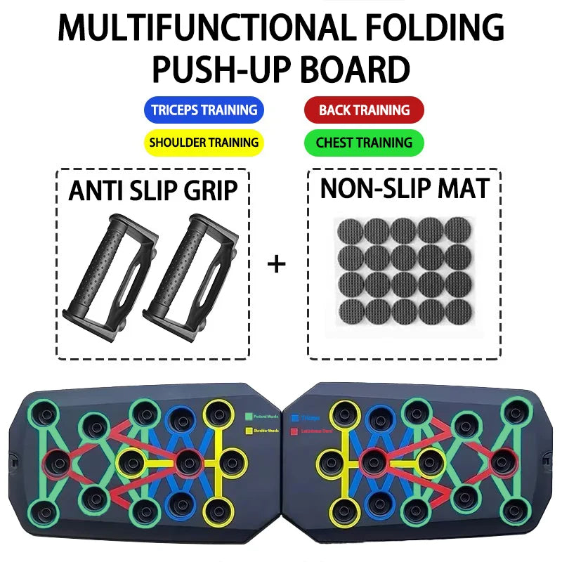 Foldable black push-up board with colour-coded workout zones, two anti-slip handles, and non-slip floor pads.