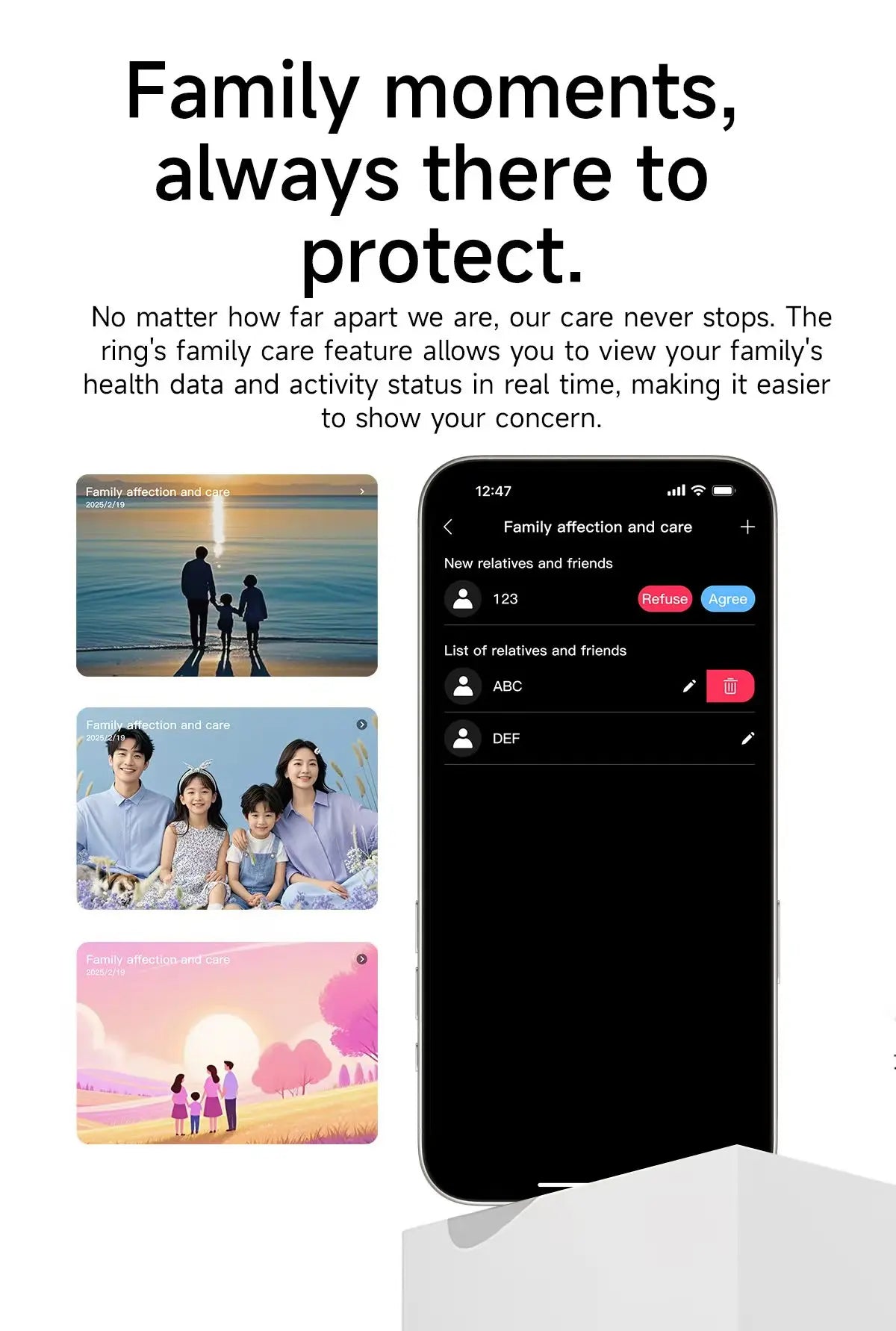 A smartphone screen showing an app interface for tracking family health and activity data.