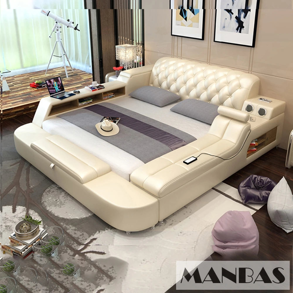 Cream-coloured tufted upholstered platform bed with integrated side storage, built-in speakers, and LED lighting.