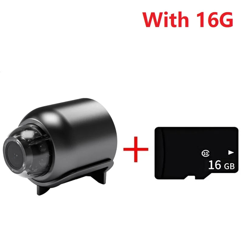 Black cylindrical camera unit with a lens and a 16GB micro SD card.